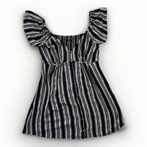 VOLCOM True To This Mini Dress M Ruffle Sleeve Stripes Sexy Babydoll button up
